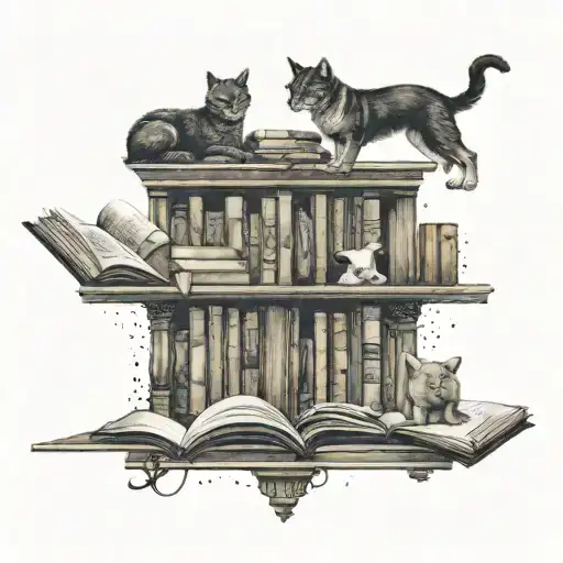 A Tattoo Design Of A Mystical Library With Floating Books And A Cat And A Dog Reading Together