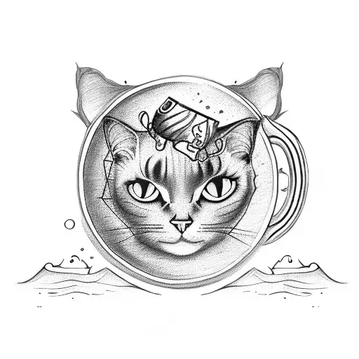 A Coffee Cup With A Sketch Of A Black Cat Swimming In It