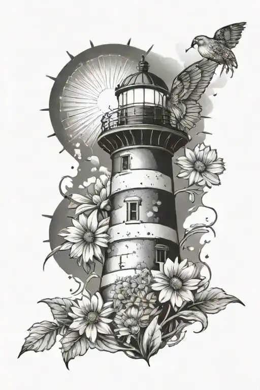Lighthouse With Beacon Light Surrounded By Daisies