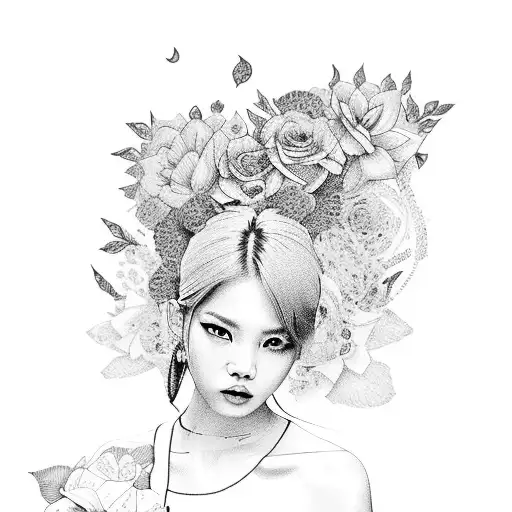 A Portrait Of Lisa From Blackpink With A Background Of Musical Notes And Flowers