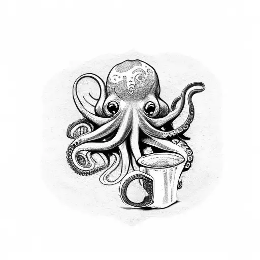 Octopus Seating On The Pizza Holding A Beer Mug
