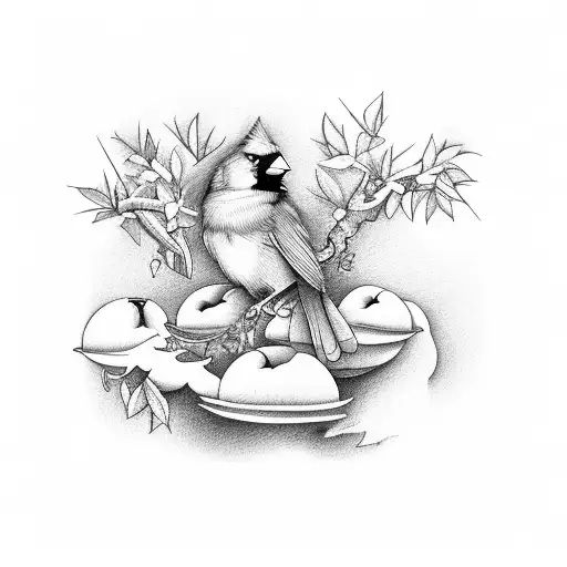 Cardinal Sitting On A Peach Tree With A Guitar