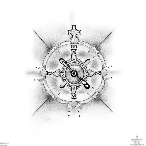 A Dotwork Tattoo Of A Catholic Cross With A Subtle Clock Design Incorporated