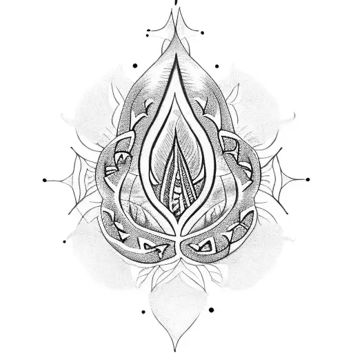 A Dotwork Tattoo Of A Tribal-inspired Plant With Religious Symbols Hidden Within Its Leaves