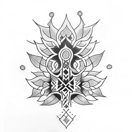 A Dotwork Tattoo Of A Tribal-inspired Plant With Religious Symbols Hidden Within Its Leaves