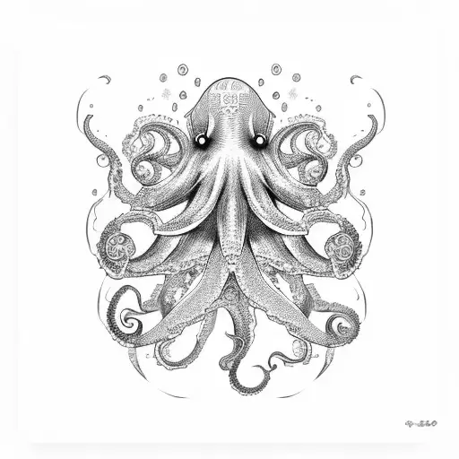 A Dotwork Tattoo Of A Mystical Octopus Surrounded By Plants And Nature