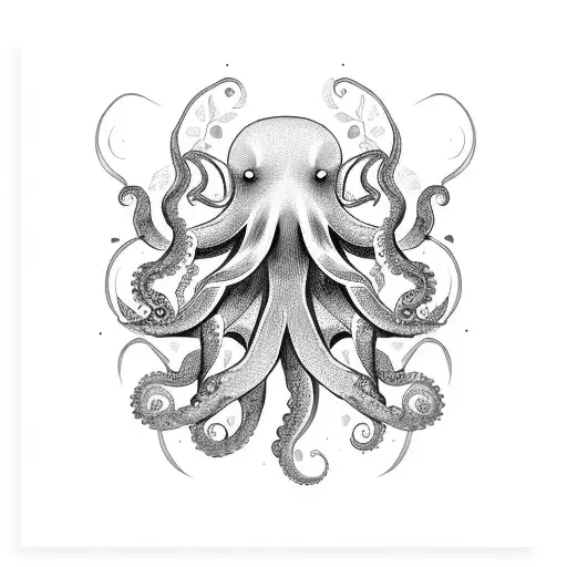 A Dotwork Tattoo Of A Mystical Octopus Surrounded By Plants And Nature