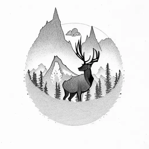A Deer Silhouette Amidst A Dense Forest With Mountains In The Background