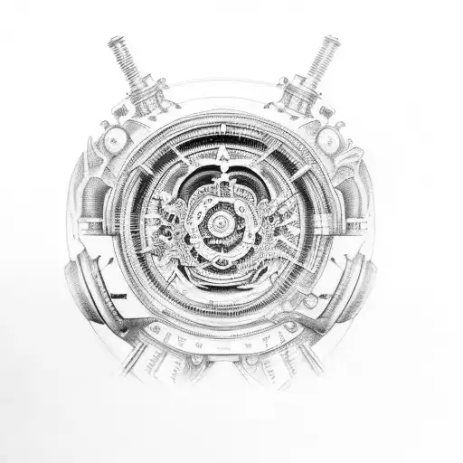 A Detailed Black And Grey Tattoo Of A Car Engine With Intricate Gears And Pistons