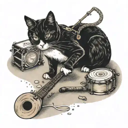 A Cat Playing With Musical Instruments On A Sandy Beach