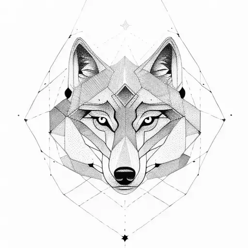 A Minimalist Wolf Head Tattoo With Geometric Lines And Some Stars And Mountains