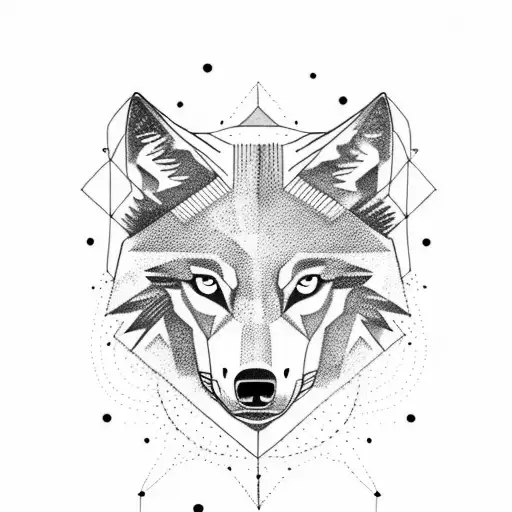 A Minimalist Wolf Head Tattoo For Forearm With Geometric Lines And Some Stars And Mountains