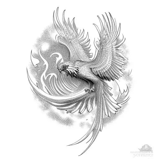 A Majestic Mulam And Phoenix Merging Together In A Dotwork Design