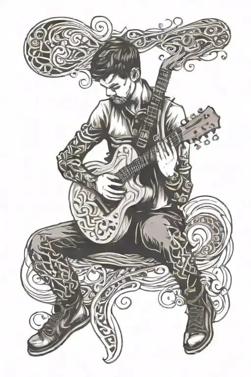 A Son Playing A Guitar Made Of Wood With Intricate Musical Symbols Intertwined In The Design