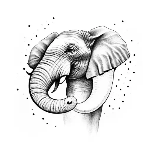 A Dotwork Tattoo Of An Elephant Face Surrounded By Various Art Supplies Like Paint Tubes And Pencils