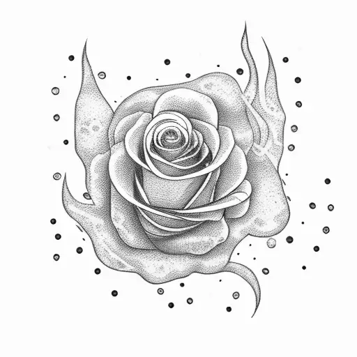 A Dotwork Tattoo Of A Flaming Rose Surrounded By Swirling Smoke