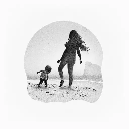 A Minimalist Tattoo Of A Mother And Child Silhouette Walking Along The Shoreline