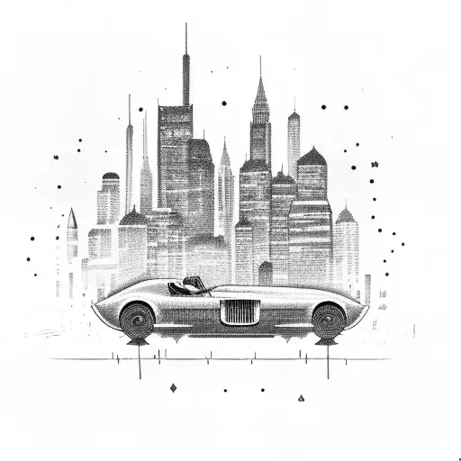 A Vintage Car Racing Through A City Skyline At Night