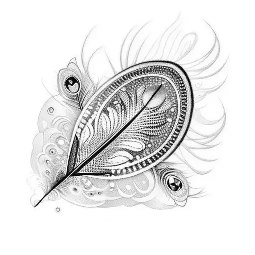 A Dotwork Tattoo Of A Beautiful Peacock Feather Incorporating Elements From Favorite Games