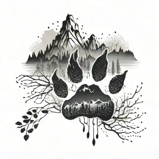 Dog Paw Print With Nature Element Like Mountains And Trees