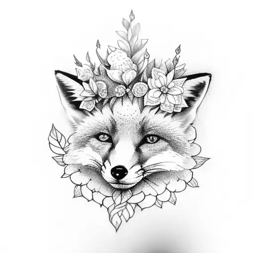 A Fox Wearing A Crown Of Flowers And Leaves