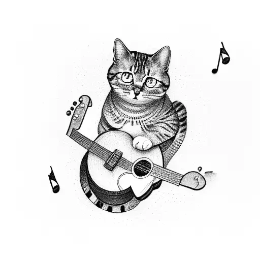 A Cat Playing A Guitar With Musical Notes Floating Around