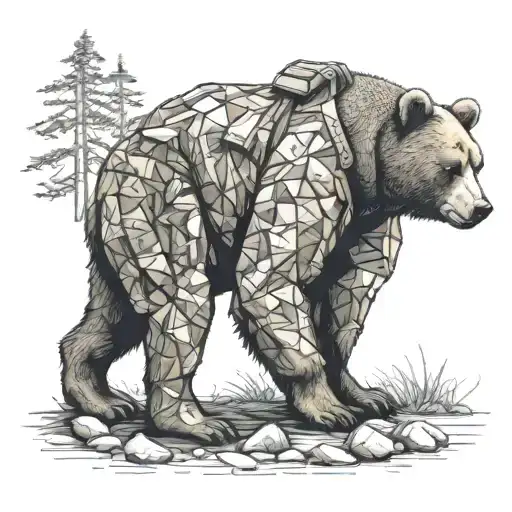 A Bear And A Soldier In Camouflage Gear Working Together To Build A Shelter In The Wilderness