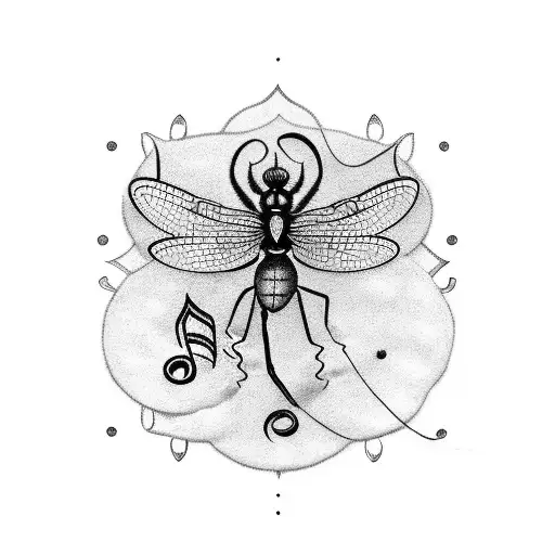 A Dotwork Tattoo Of A Beautiful Libellula Surrounded By Musical Notes And A Treble Clef