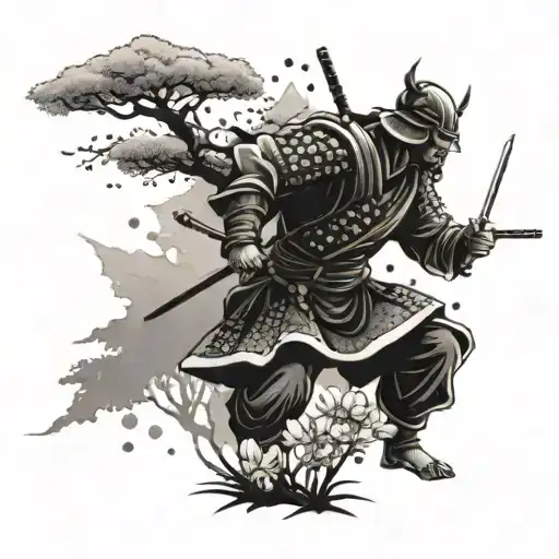 A Samurai Warrior Standing In A Pine Forest With Cherry Blossoms Falling Around Him