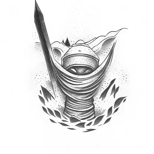 A Dotwork Ninja Meditating Under A Waterfall