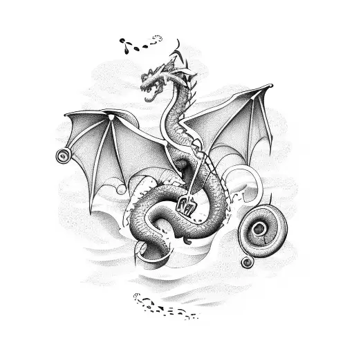 A Dragon Flying Over A Beach With Waves In The Shape Of Musical Notes