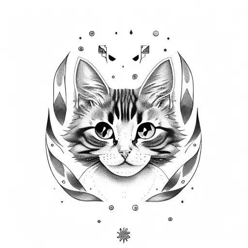 Black And White Long Hair Cat Head Tattoo Looking Directly And With White Eyes