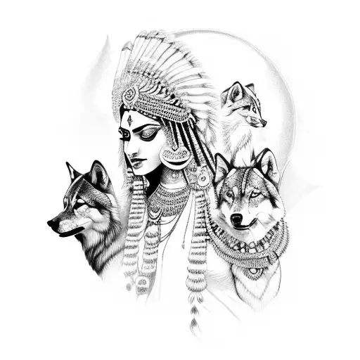 A Mystical Indian Goddess With Wolves At Her Side
