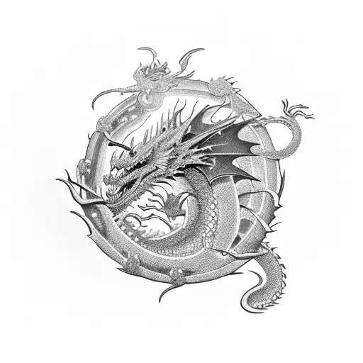 A Katana Piercing Through A Dragon's Scales In A Dotwork Style