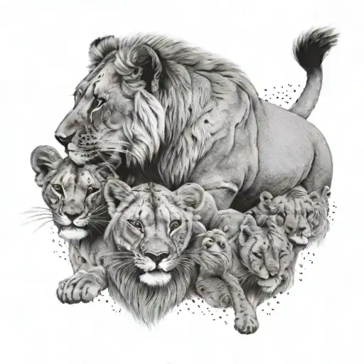 Lioness And Three Lion Cubs