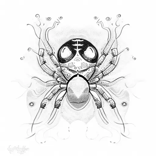 A Dotwork Tattoo Of A Black Widow Surrounded By Swirling Smoke And Spider Webs
