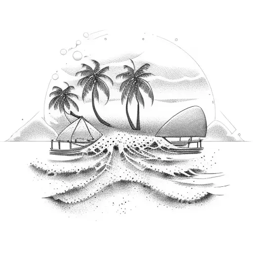 A Dotwork Tattoo Of A Serene Beach Scene With Palm Trees And Crashing Waves