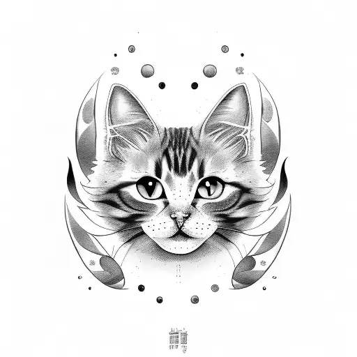 Black And White Long Hair Cat Head Tattoo Looking Directly And With White Eyes