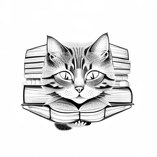 A Dotwork Design Of The Cat From 'Coraline' Sitting On A Stack Of Psychology Books