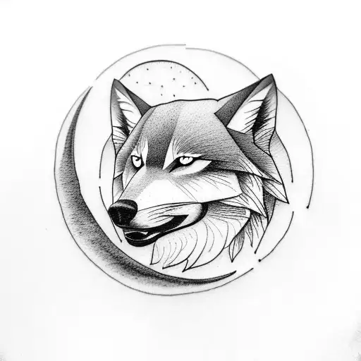 A Minimalist Tattoo Of A Wolf Howling At The Moon In A Forest