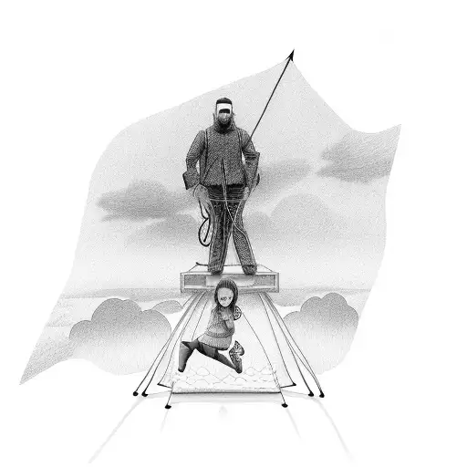 Father And Daughter Siting On Wire With Umbrella