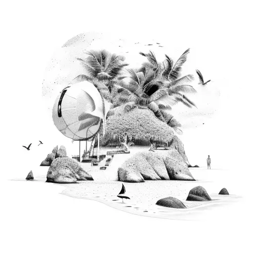 A Detailed Sketch Of A Beach Landscape With Animals Roaming Freely