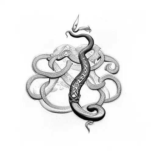 A Dotwork Tattoo Of A Snake Intertwined With The Symbol Of Justice