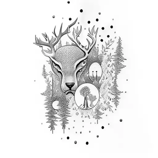 A Dotwork Tattoo Of A Serene Forest With Animals Peacefully Coexisting