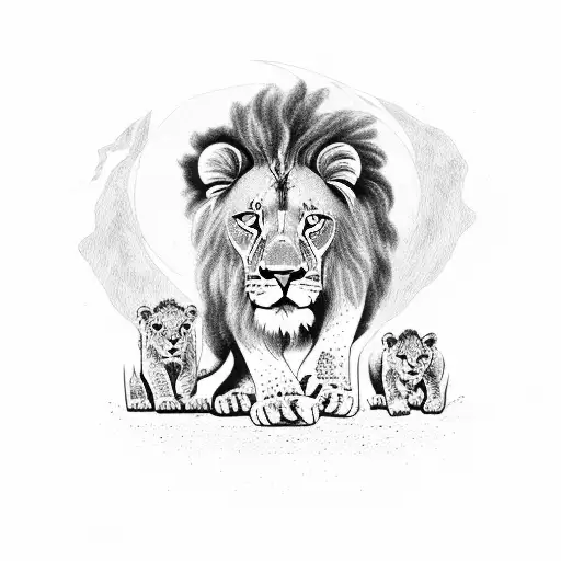 A Dotwork Illustration Of A Lion And Its Cub Exploring A Savannah Landscape