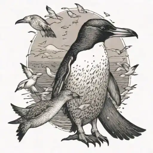 A Penguin Conducting An Orchestra Of Seagulls On A Beach