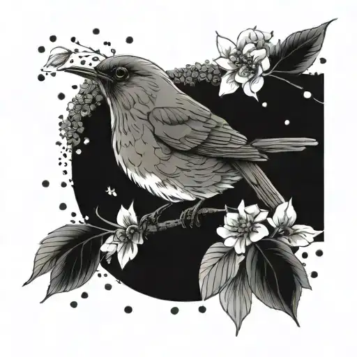 Robin Bird And Flowers Growing