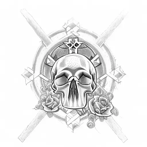 Cross Of The Templars Whit Dog's Skull And Pink Flower Of May