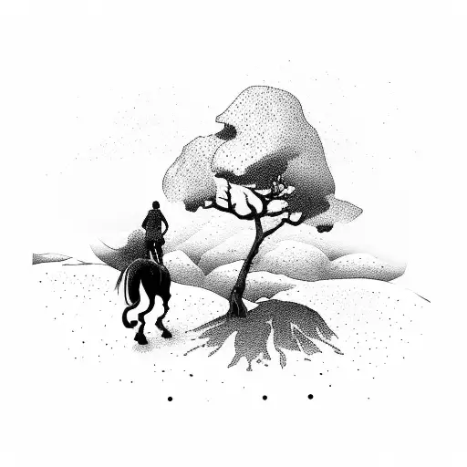 A Silhouette Of A Hiker Walking Up A Mountain With A Horse Standing At The Peak