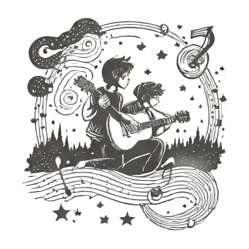 A Design Of Nephews Playing Music Under A Starry Night Sky With The Number 7 In The Background